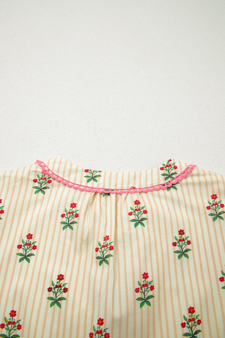 Apricot Striped Floral Print Contrast Detail Ruffle Hem Short Dress