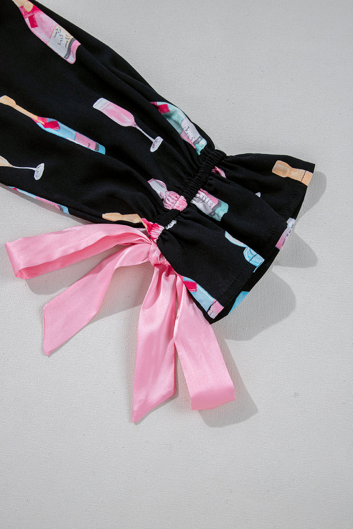 Color black Christmas Wine Glass Print Bow Knot Two Piece Pajama Set