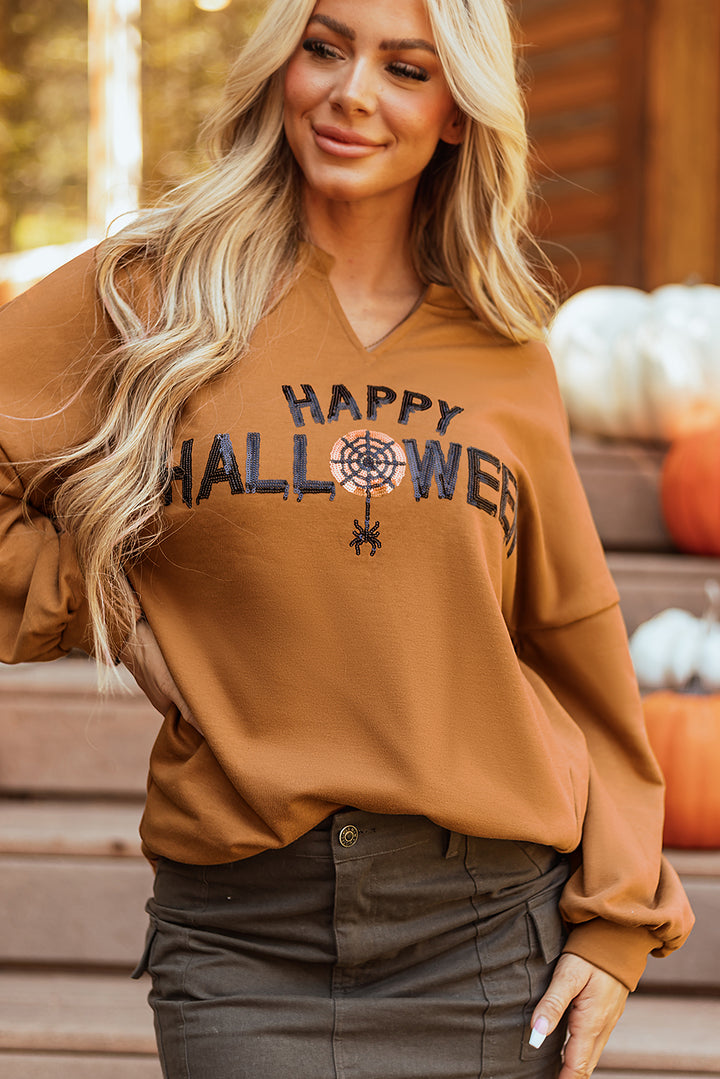 Sequin Happy Halloween Graphic Notched Neck Long Sleeve Loose Top