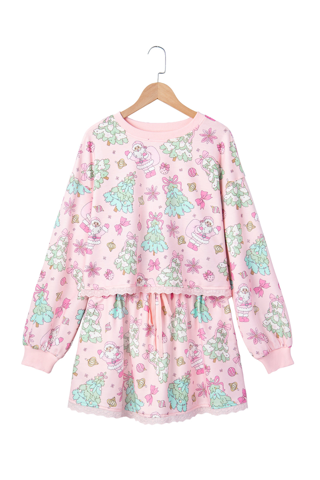 Pink Floral Print Lace Trim Long Sleeve Skirt Set
