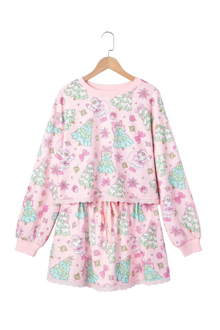 Pink Floral Print Lace Trim Long Sleeve Skirt Set