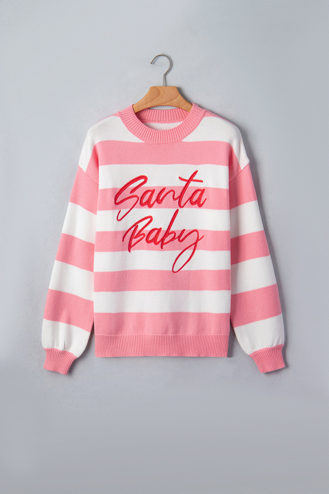 Pink Stripe Santa Baby Embroidered Christmas Slogan Drop Shoulder Pullover Sweater