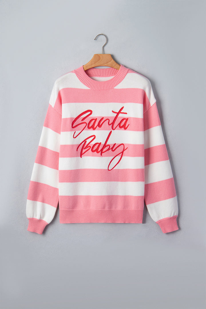 Pink Stripe Santa Baby Embroidered Christmas Slogan Drop Shoulder Pullover Sweater