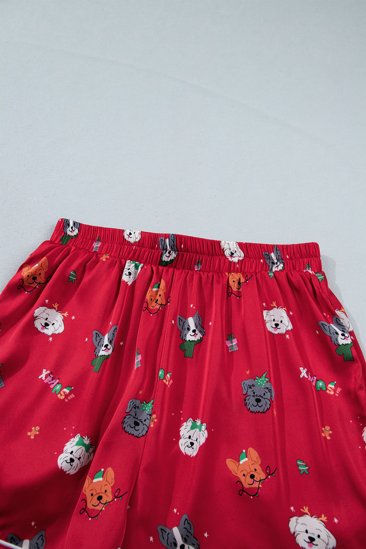 Racing Red Festive Dog Print Short Sleeve Two Piece Lounge Set