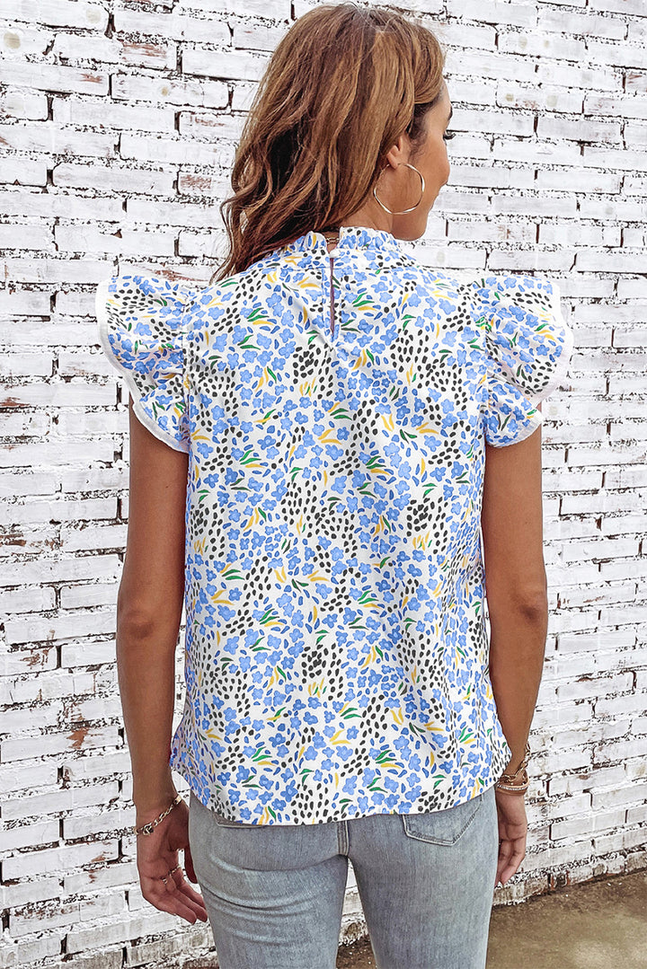 Sky Blue Abstract Print High Neck Flutter Sleeves Top