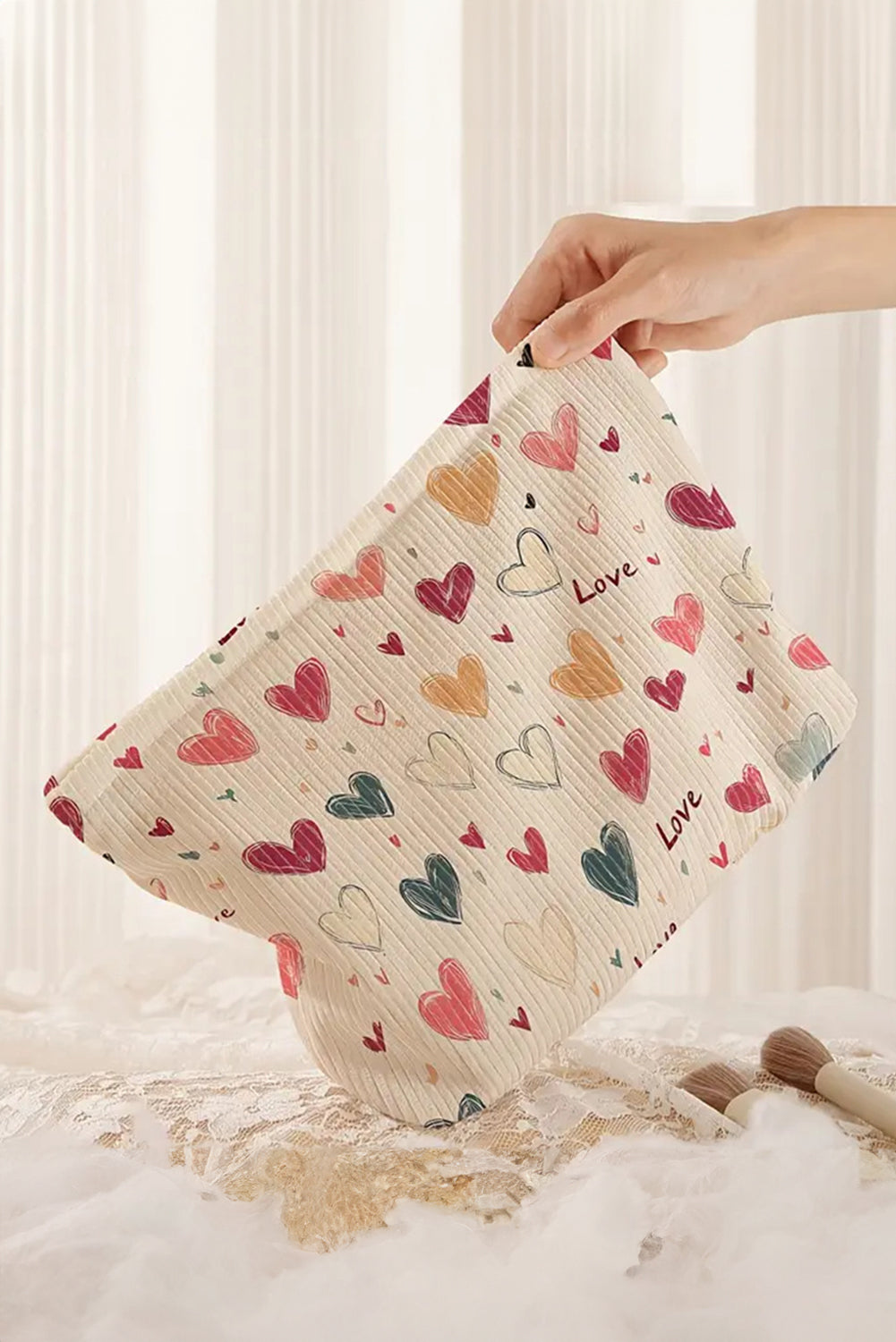 Love Heart Print Ribbed Canvas Makeup Bag