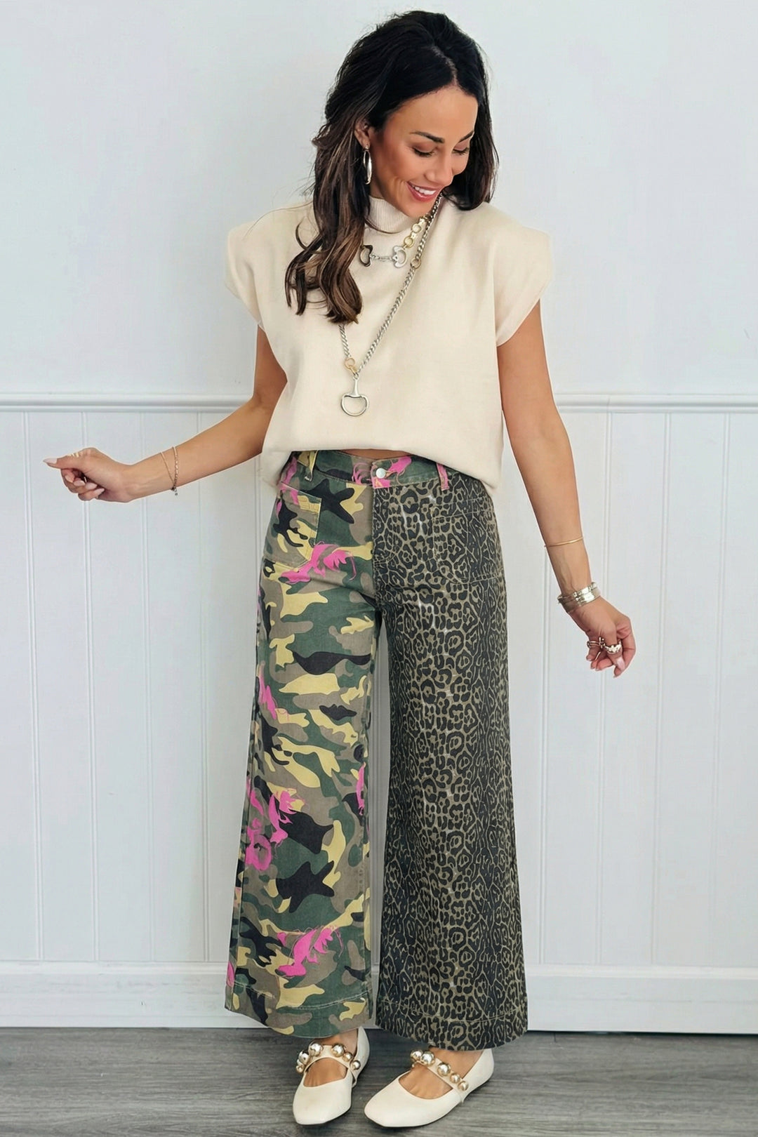 Multicolour Abstract Camouflage Print Contrast Leopard Patchwork Straight Leg Jeans