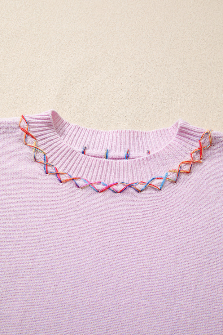Orchid Bouquet Rainbow Stitching Balloon Sleeve Relaxed Sweater