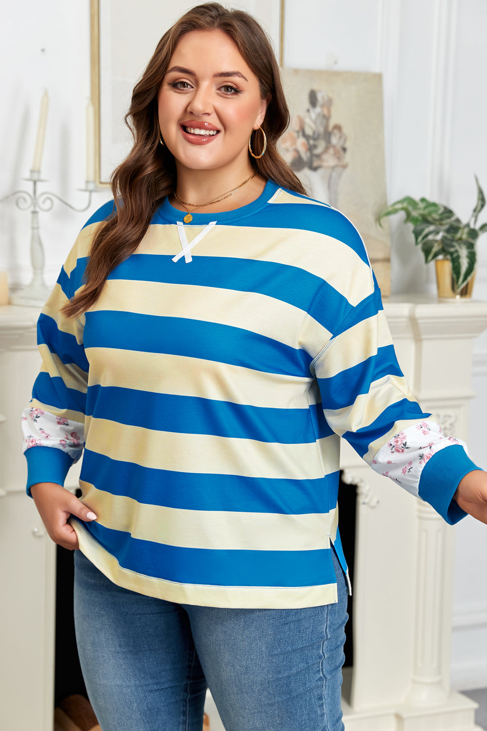 Blue Stripe Floral Color Block Drop Shoulder Plus Size Pullover Top