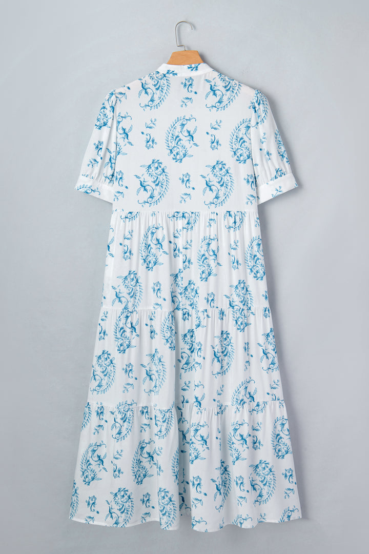 Sky Blue Plus Size Geometric Floral Print Short Sleeve Maxi Dress