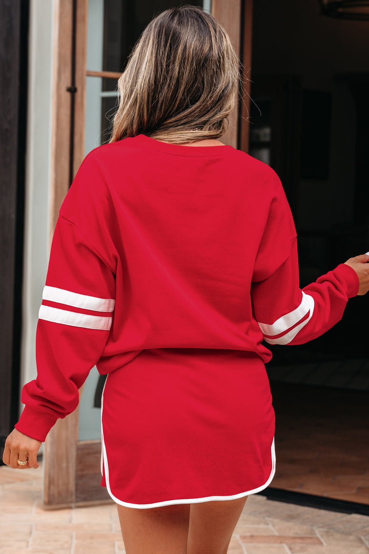 Fiery Red Varsity Stripe Detail Pullover Mini Skort Set