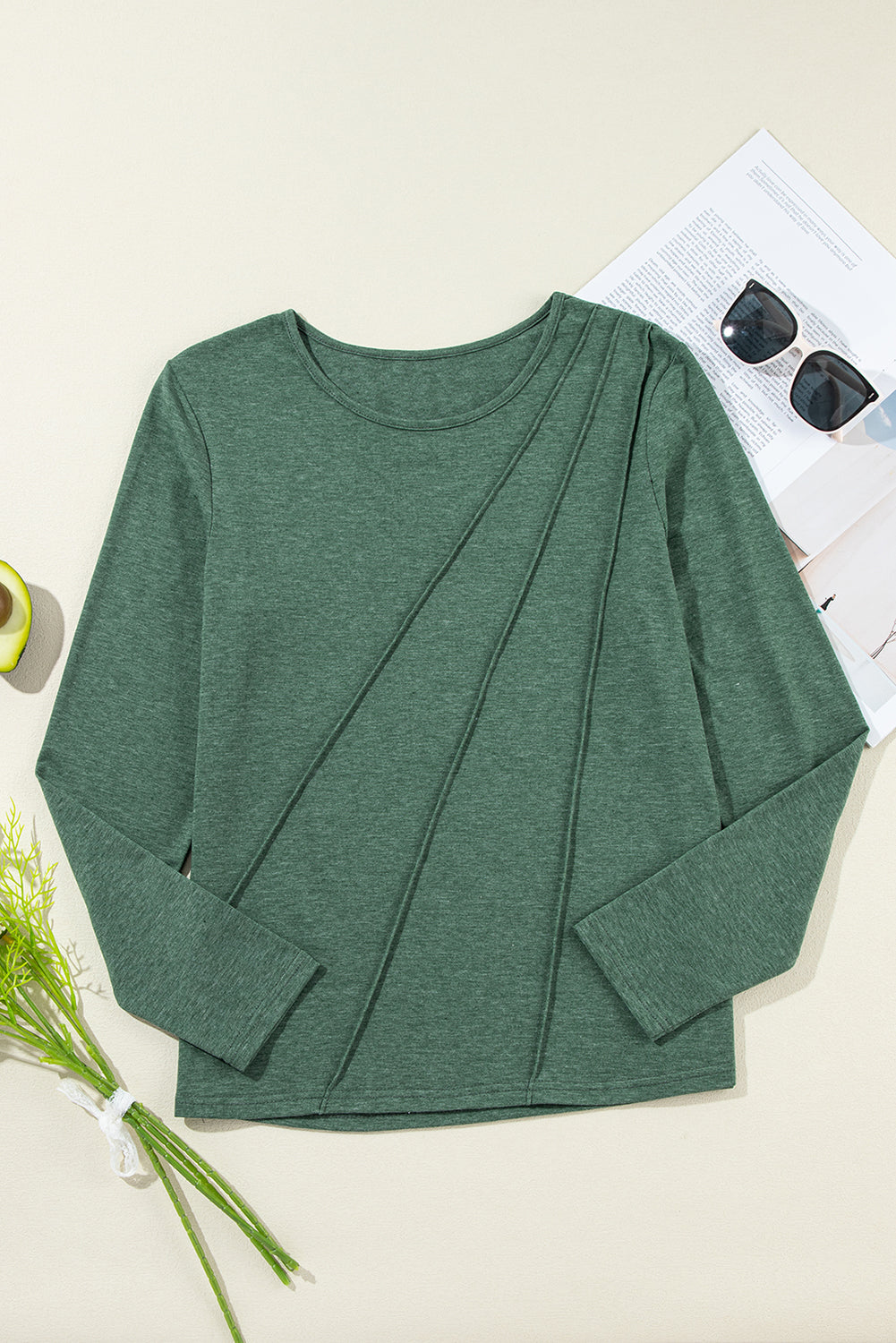 Green Asymmetric Seam Detail Solid Color Long Sleeve Top