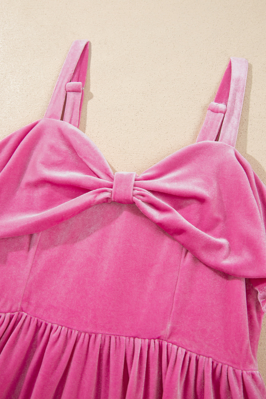 Sachet Pink Sweet Bow Neck Adjustable Strap Velvet Short Dress