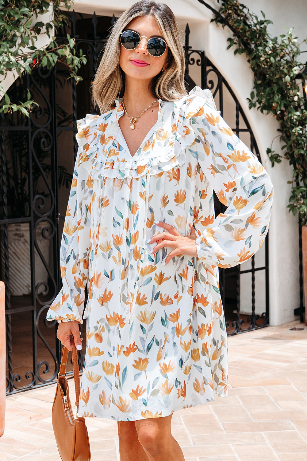 Floral Print Tie Neck Frilled Detail Long Sleeve Mini Dress