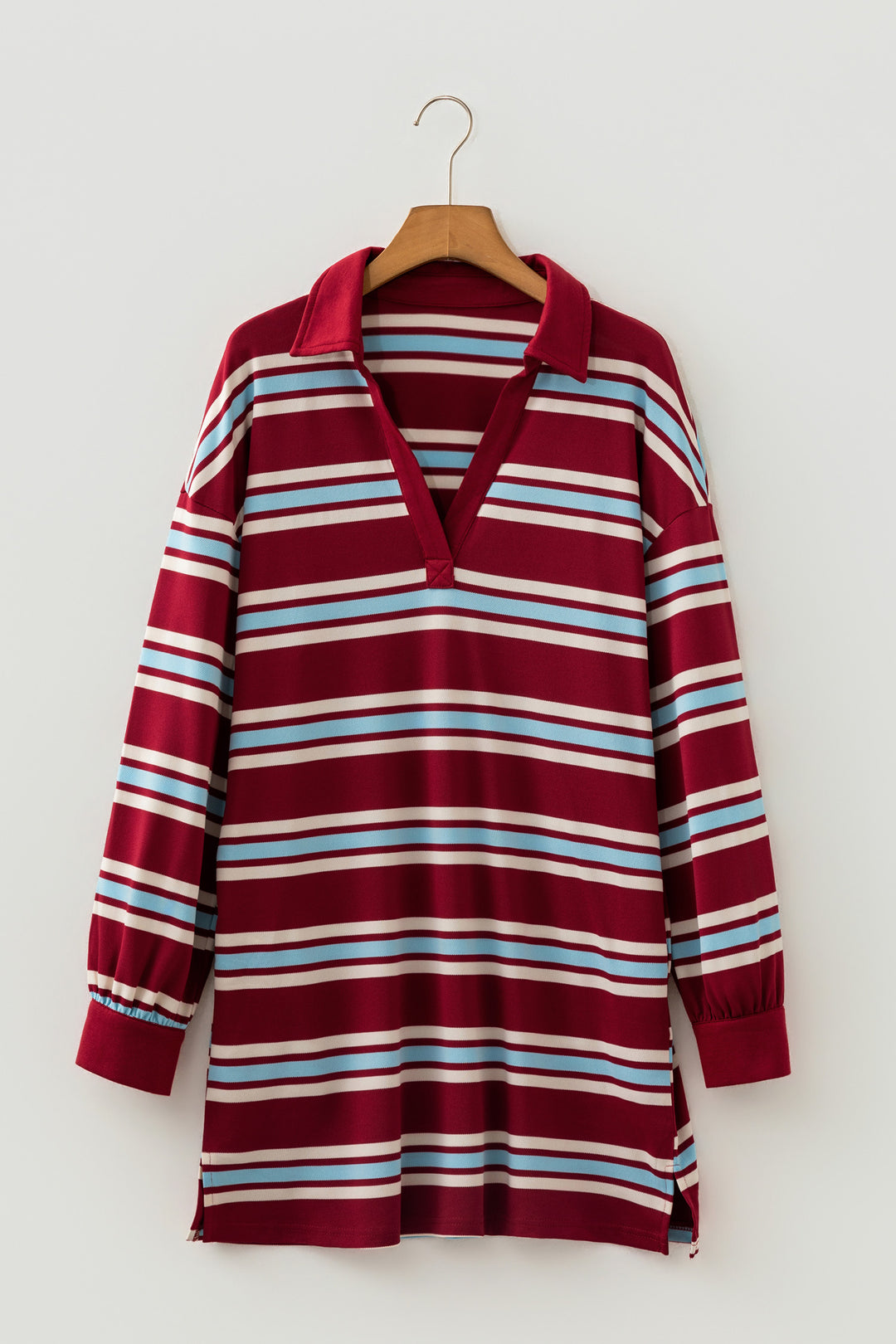 Casual Red Stripe Retro Polo Collar Long Sleeve T Shirt Shift Mini Dress
