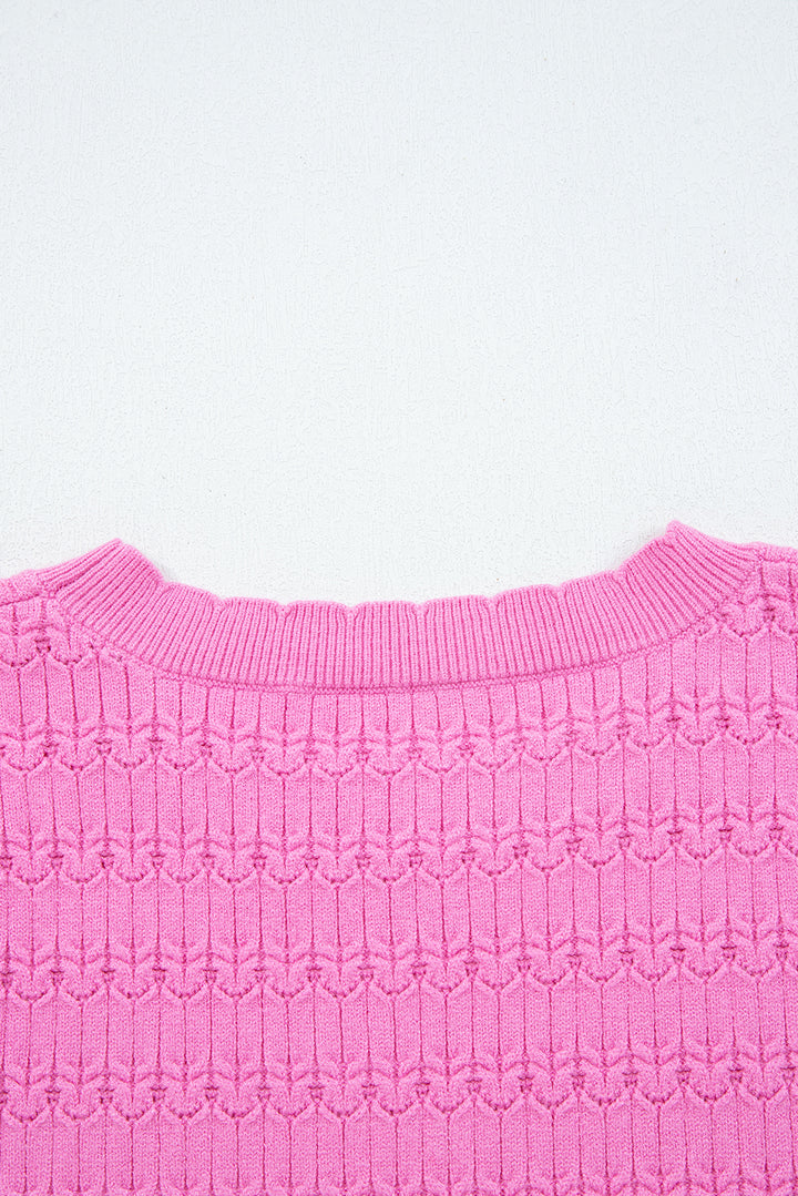 Bright Pink Trendy Pattern Knit Ribbed Cuffs Crew Neck Sweater