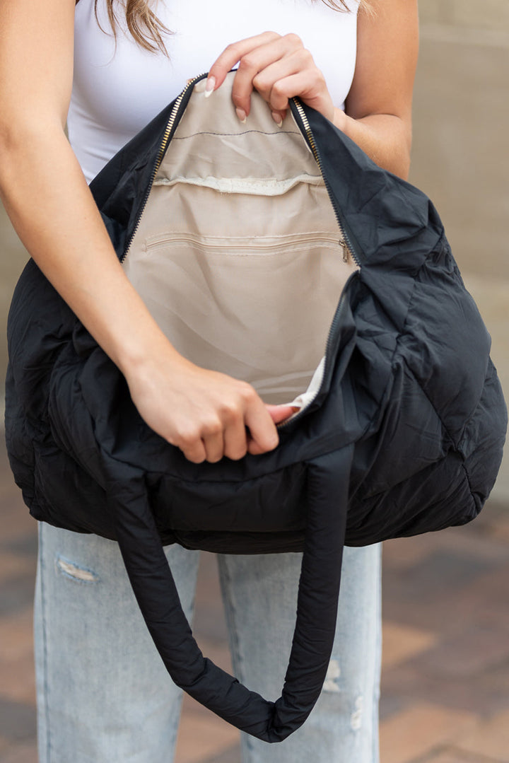 Solid Quilted Puffy Zipped Large Tote Bag