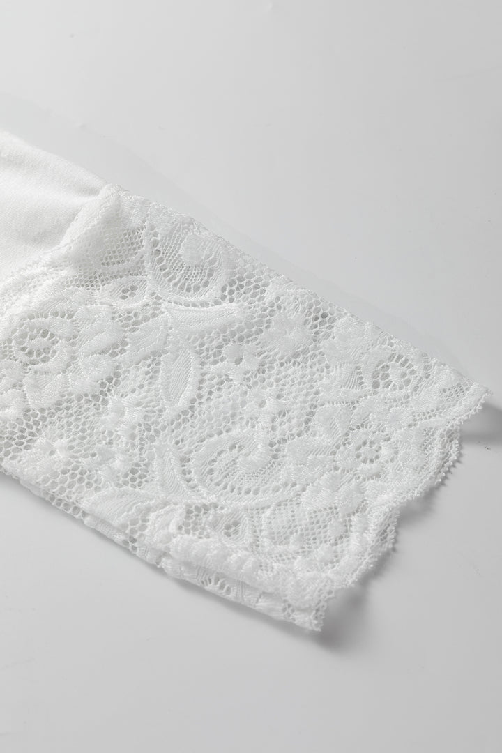 White Lace Trim V Neck Cuffed Long Sleeve Loose Top