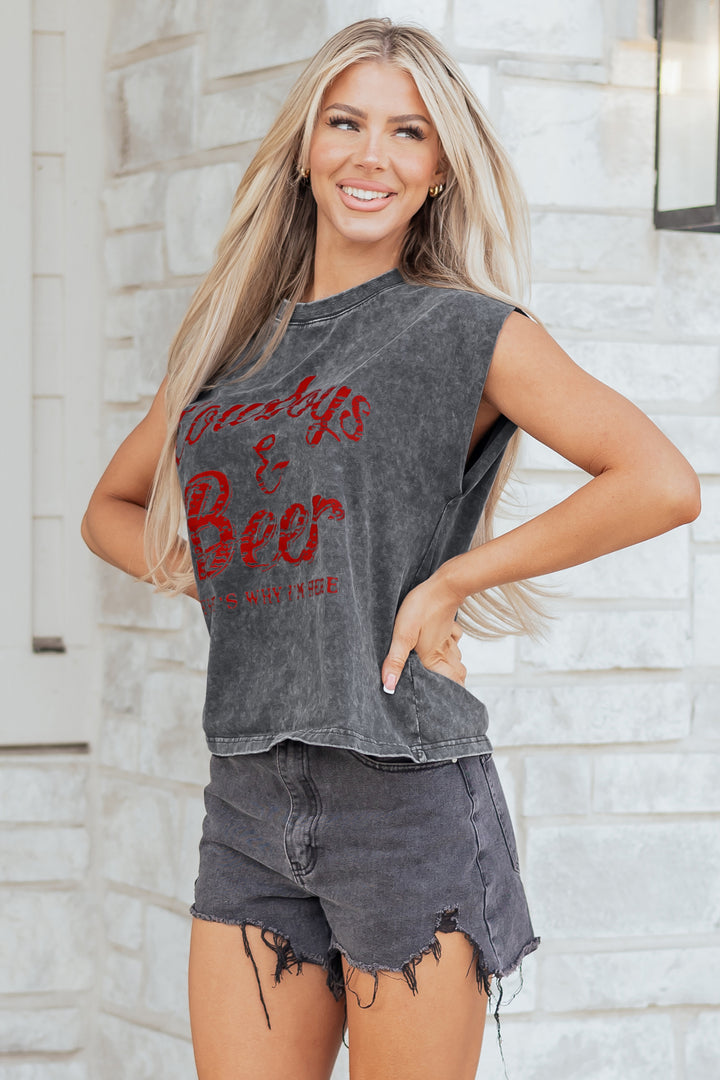 Cowboy & Beer Western Graphic Mineral Wash Tank Top
