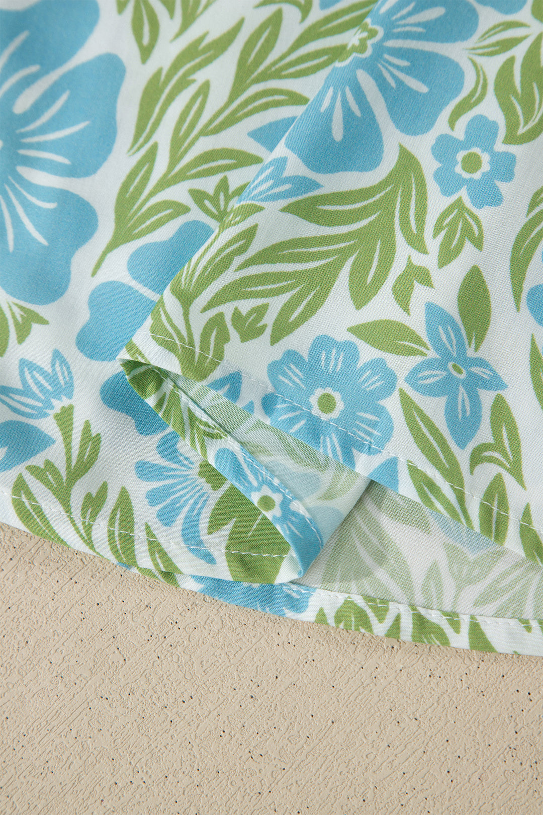 Sky Blue Floral Print Ruffled Color Block Trim Half Sleeve Blouse