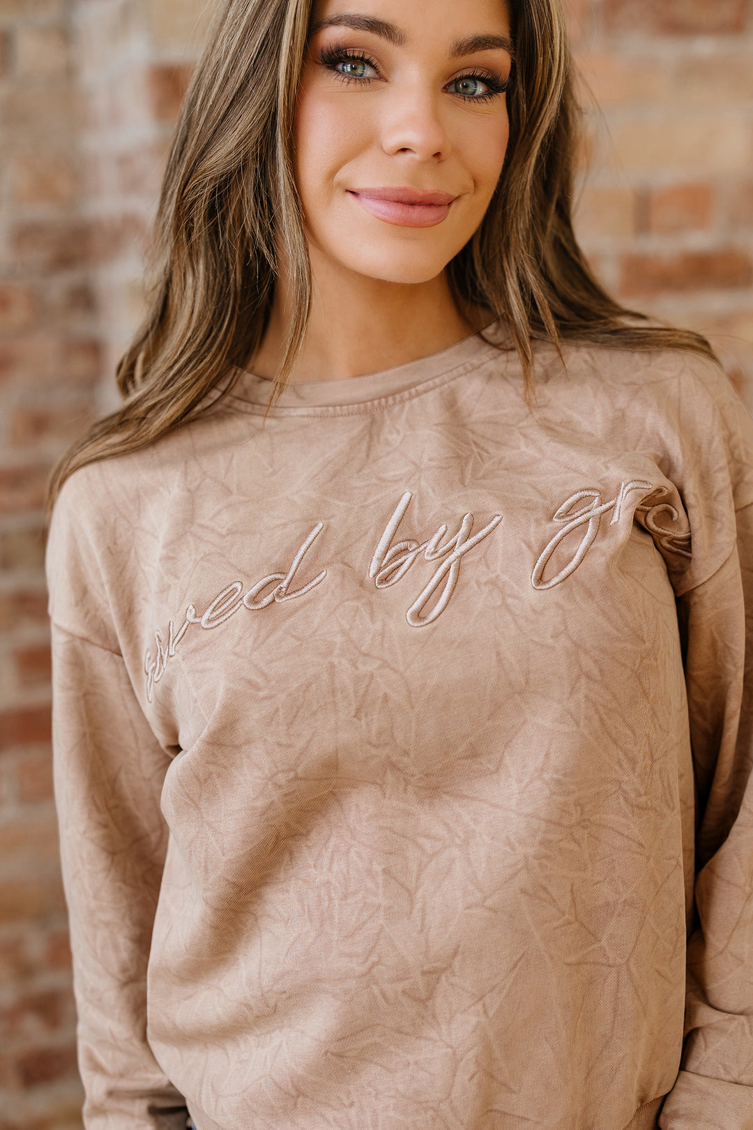 saved by grace Letter Embroidery Mineral Wash Loose Sweatshirt