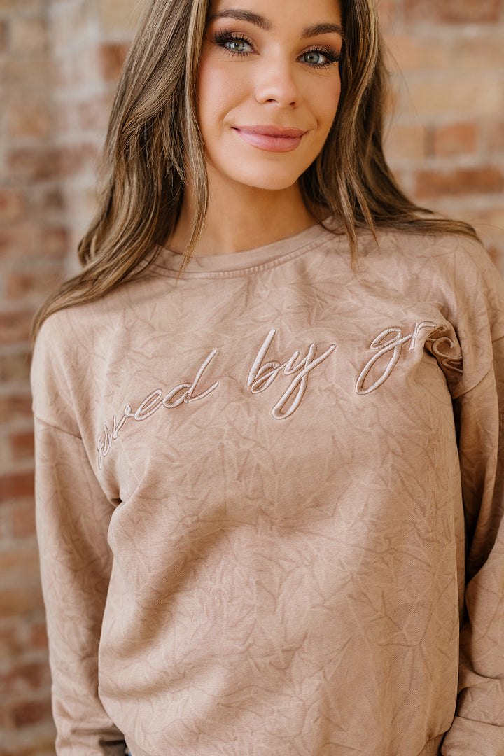 saved by grace Letter Embroidery Mineral Wash Loose Sweatshirt