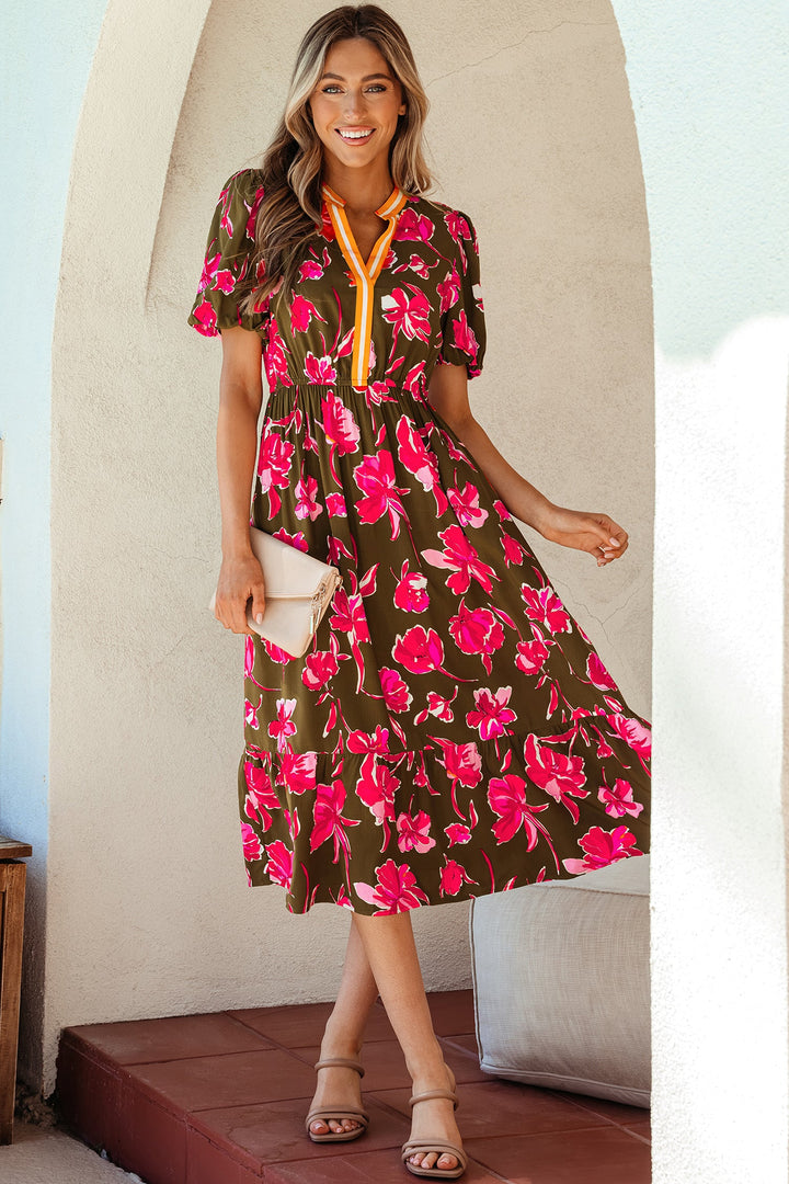 Green Floral Print Striped Trim Split Neck Short Puff Sleeve Ruffle Hem Maxi Dress