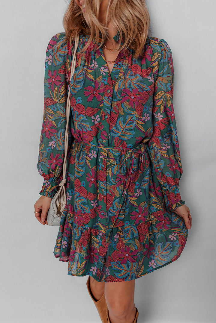 Floral Friled V Neck Puff Sleeve Ruffled Shirt Dress