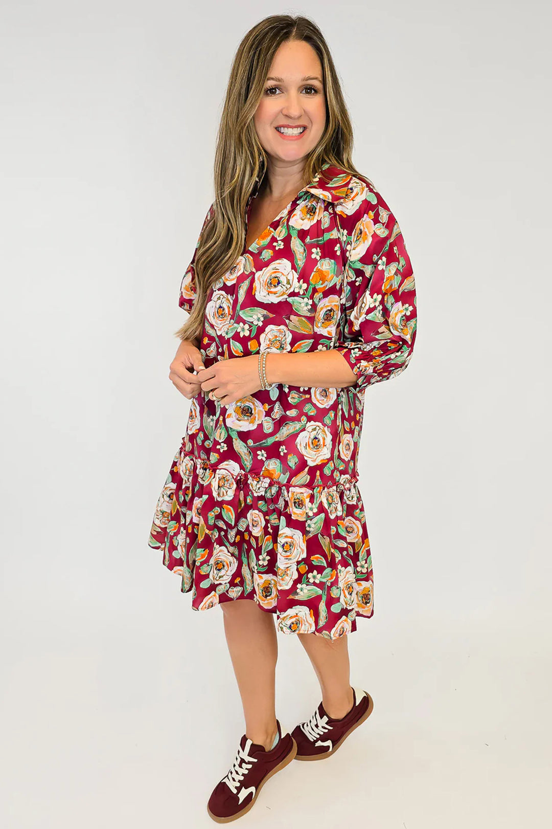 Red Floral Print Half Sleeve Short Shift Dress