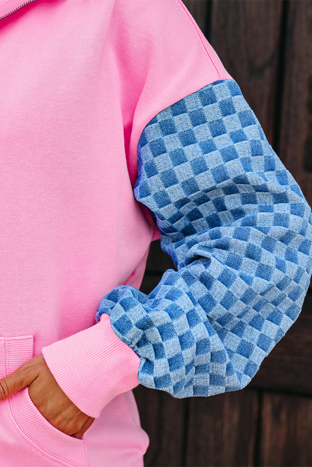 Checkered Patchwork Kangaroo Pocket Half Zipper Hoodie