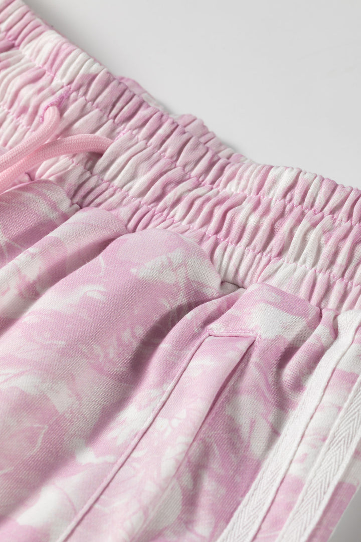 Pink Abstract Print Side Stripe Detail Long Sleeve Top Loose Pants Set