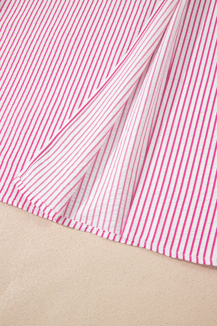 Red Stripe Frilled Detail Half Buttons Short Sleeve Long Dress