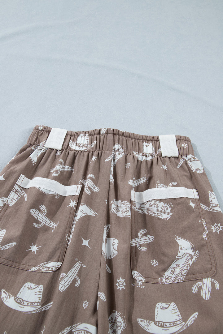 Khaki Western Cactus Cowgirl Hat Boot Printed Vintage Drawstring Jogger Pants