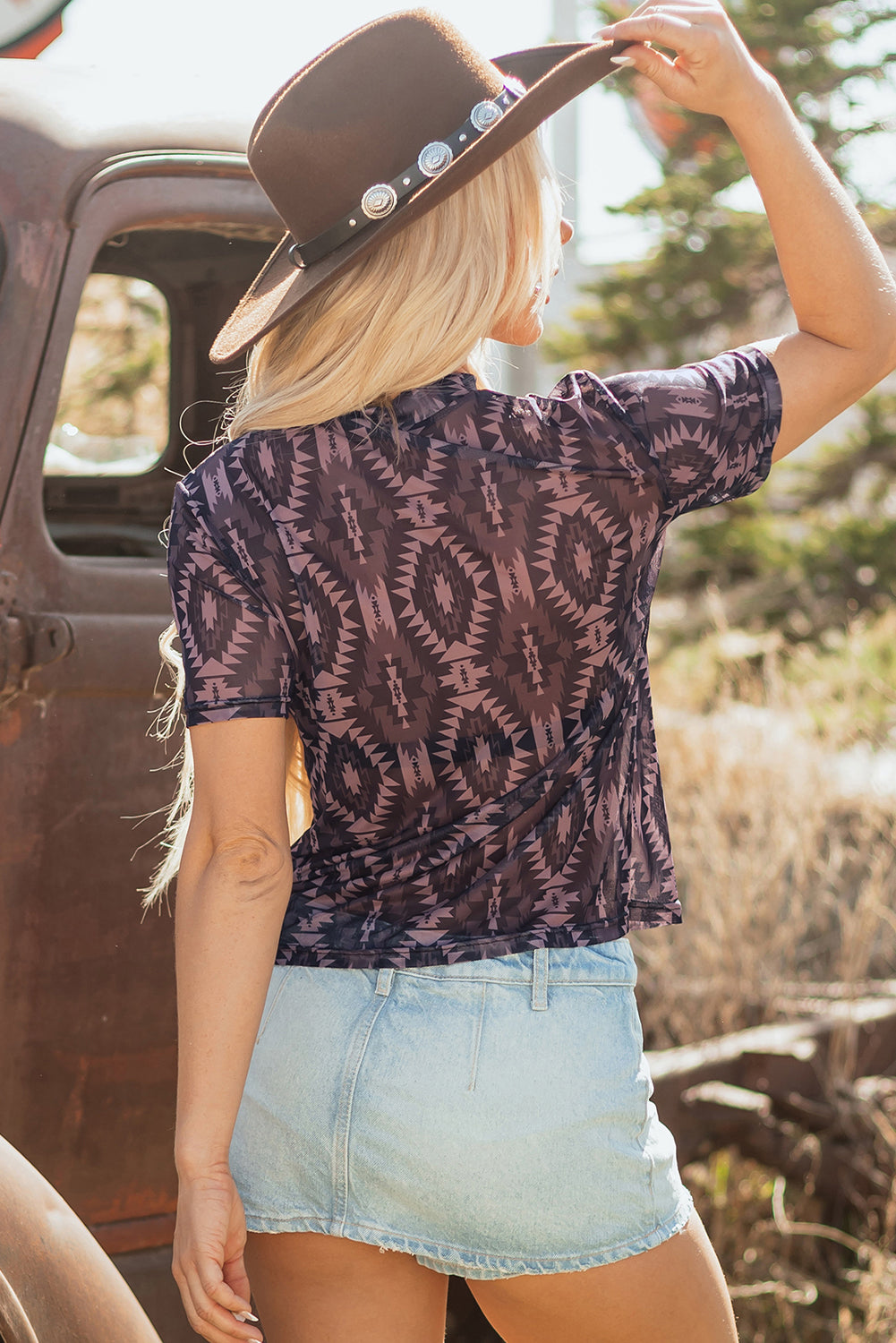 aztec print mock neck short sleeve mesh t shirt
