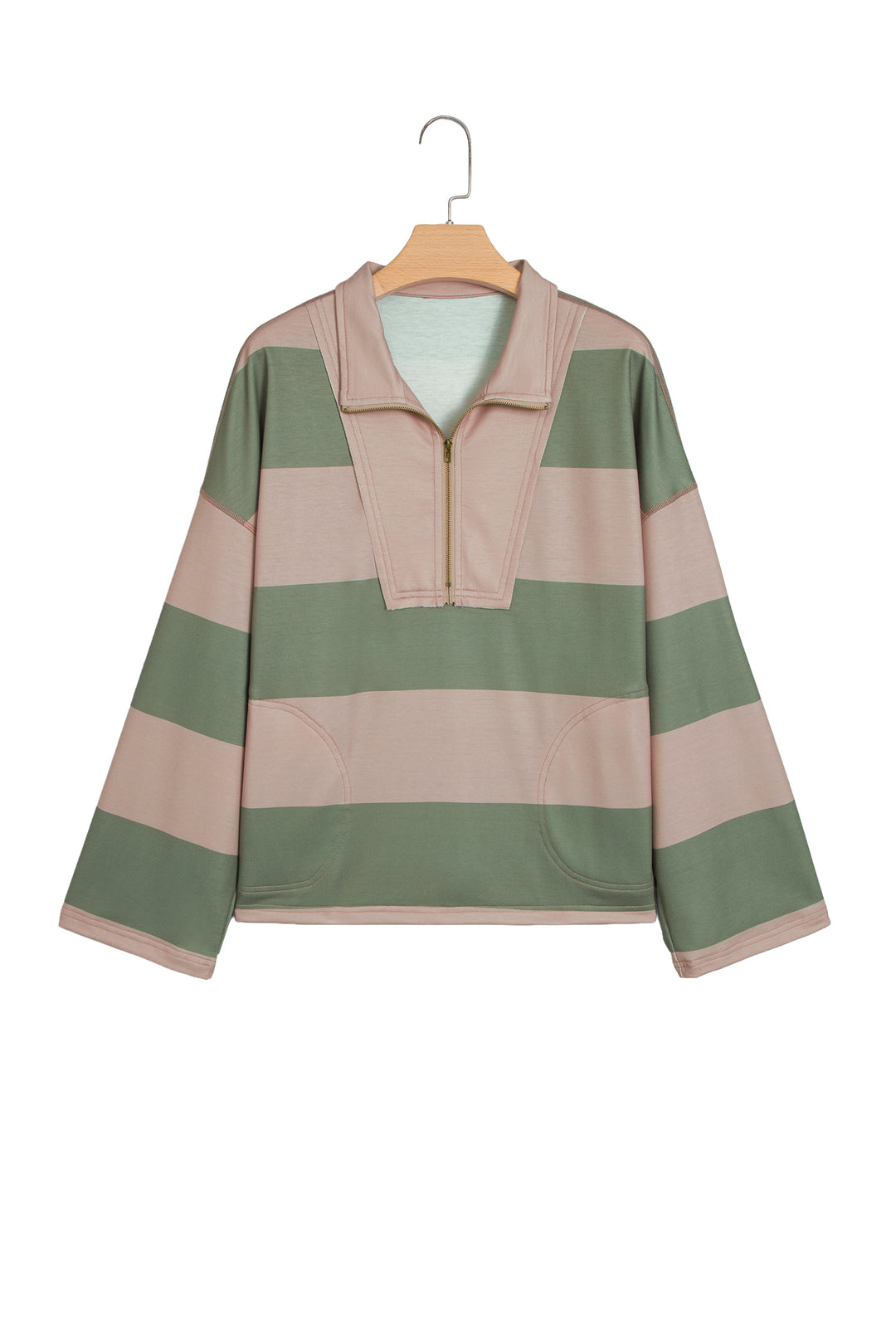 Green Striped Colorblock Zipper Pullover Long Sleeve Loose Top