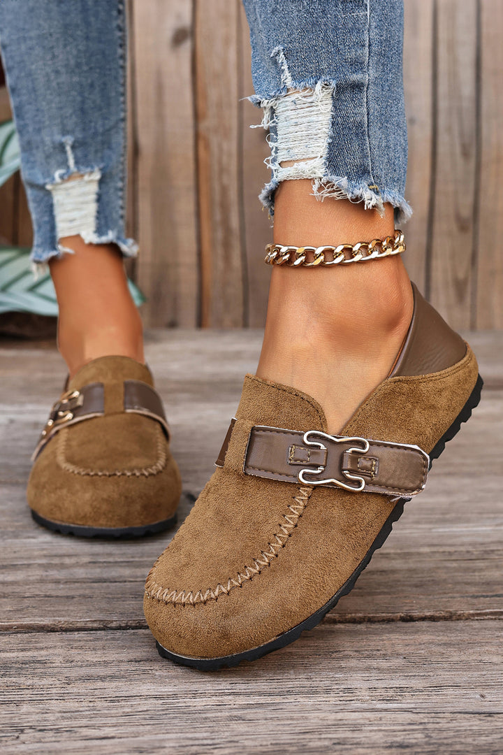 Faux Suede PU Leather Patchwork Retro Buckle Slip On Shoes