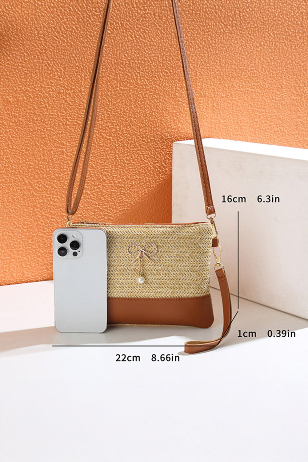 Bow Pearl Decor Straw PU Leather Patched Crossbody Bag