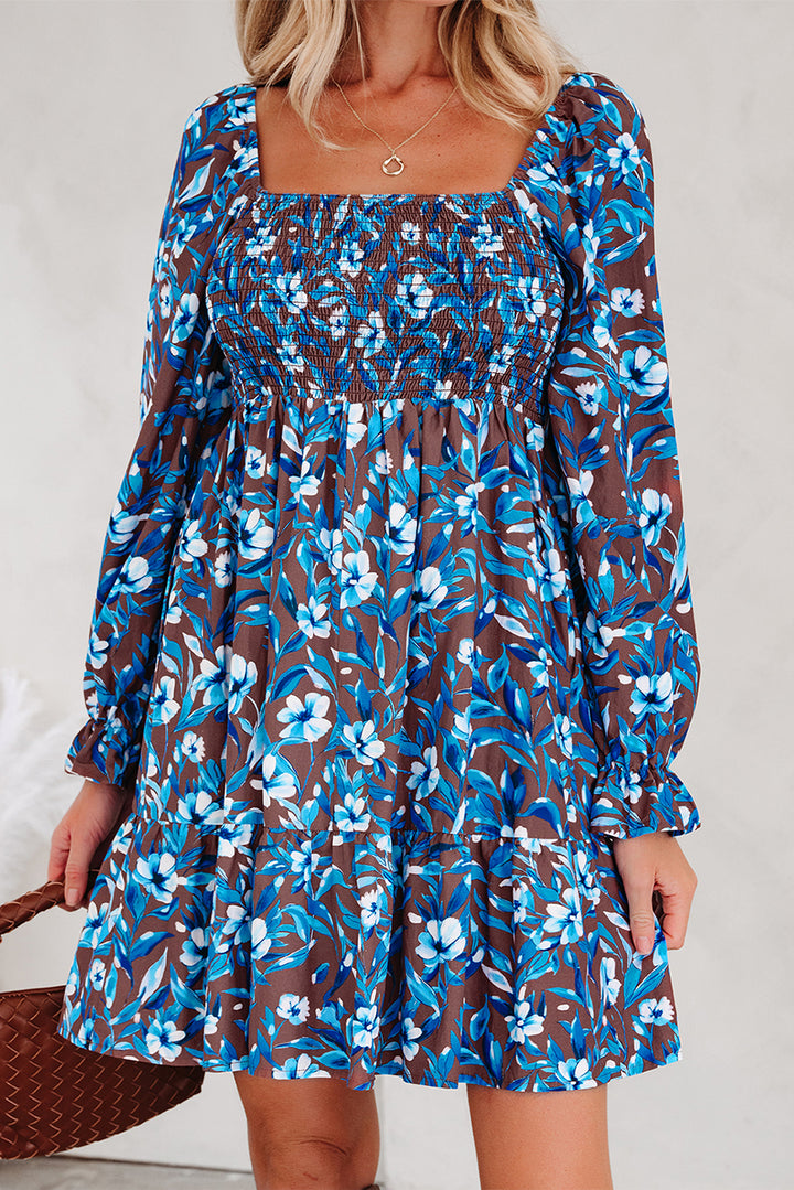 Smocked Bodice High Waist Ruffled Sleeve Floral Dress