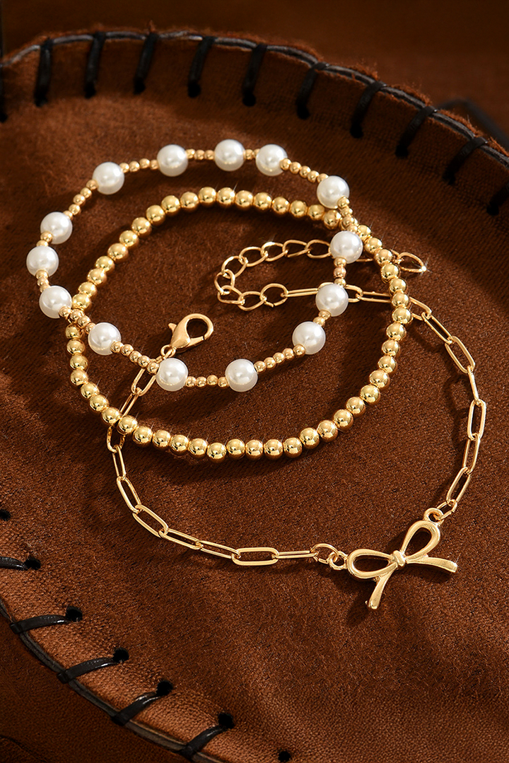 Bow Chain Link Pearl Beaded Multi Layer Bracelet