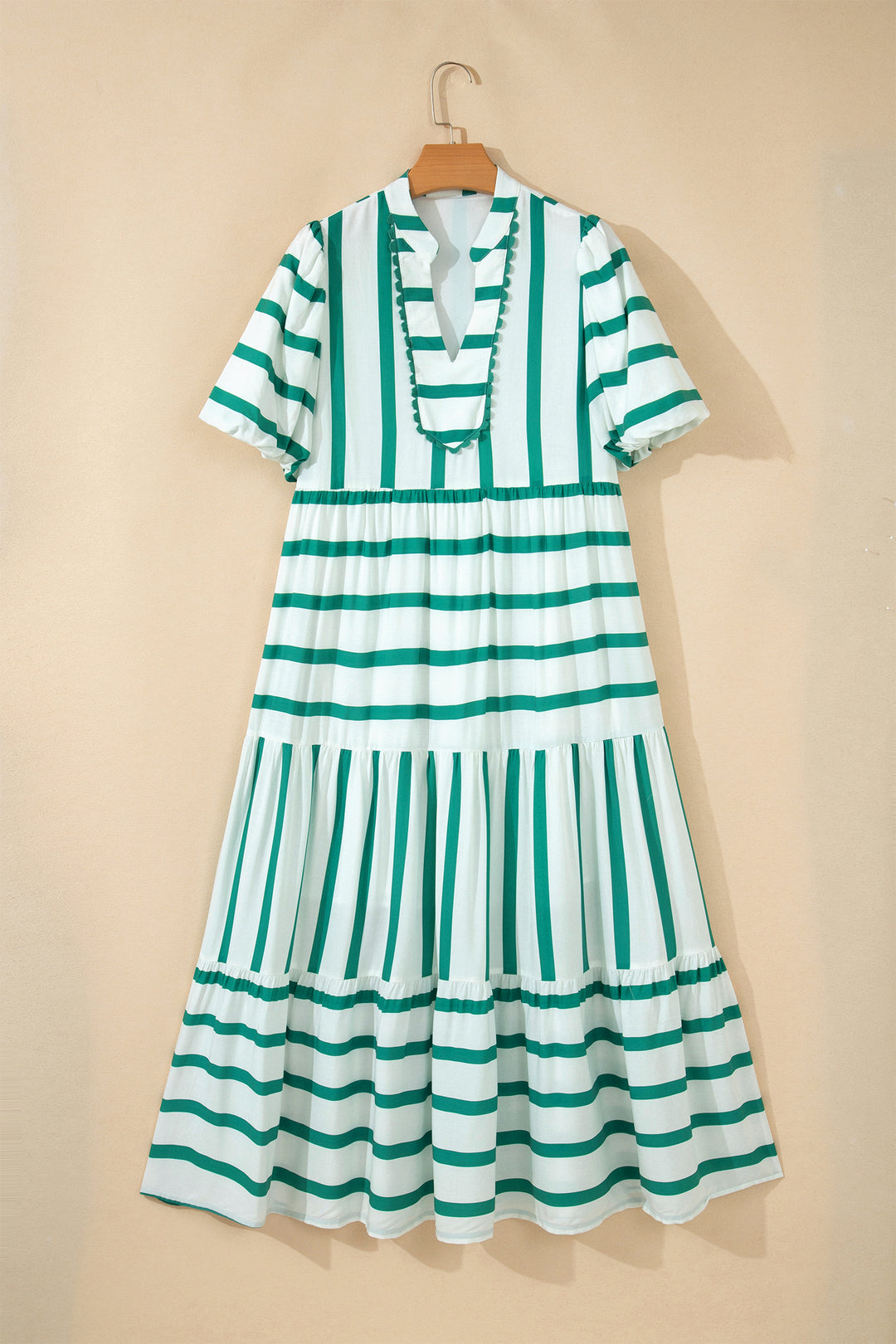 Green Stripe Half Sleeve Vacation Maxi Dress