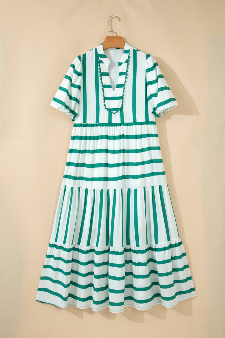 Green Stripe Half Sleeve Vacation Maxi Dress