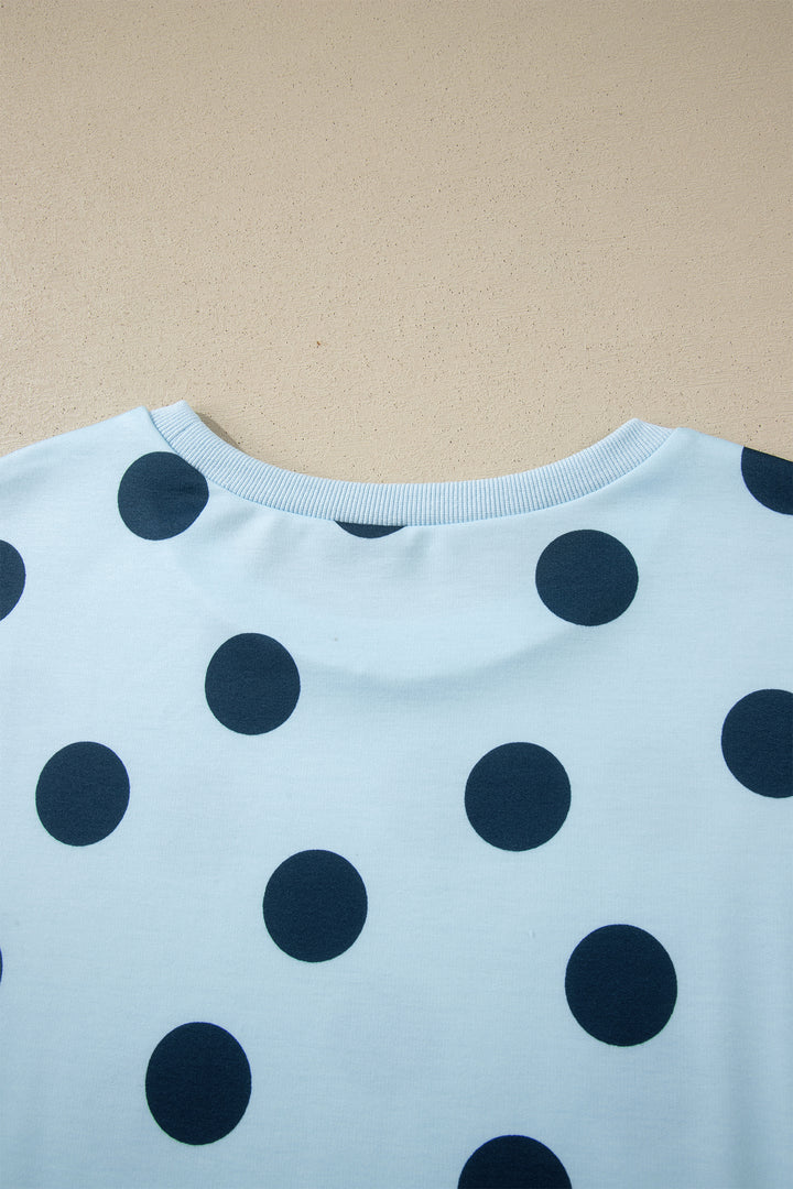 Sky Blue Polka Dot Print Loose Tee Drawstring Elastic Waist Short Set