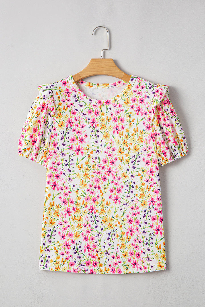 floral puff short sleeve crewneck blouse
