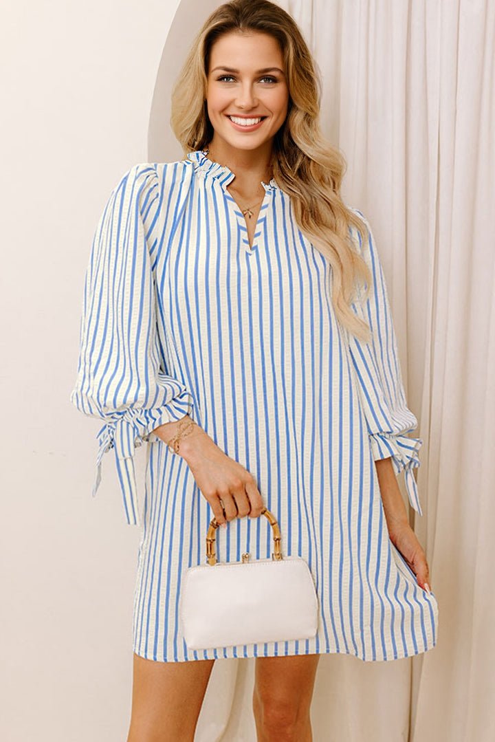 Sky Blue Stripe Knotted Bracelet Sleeve Shift Mini Dress
