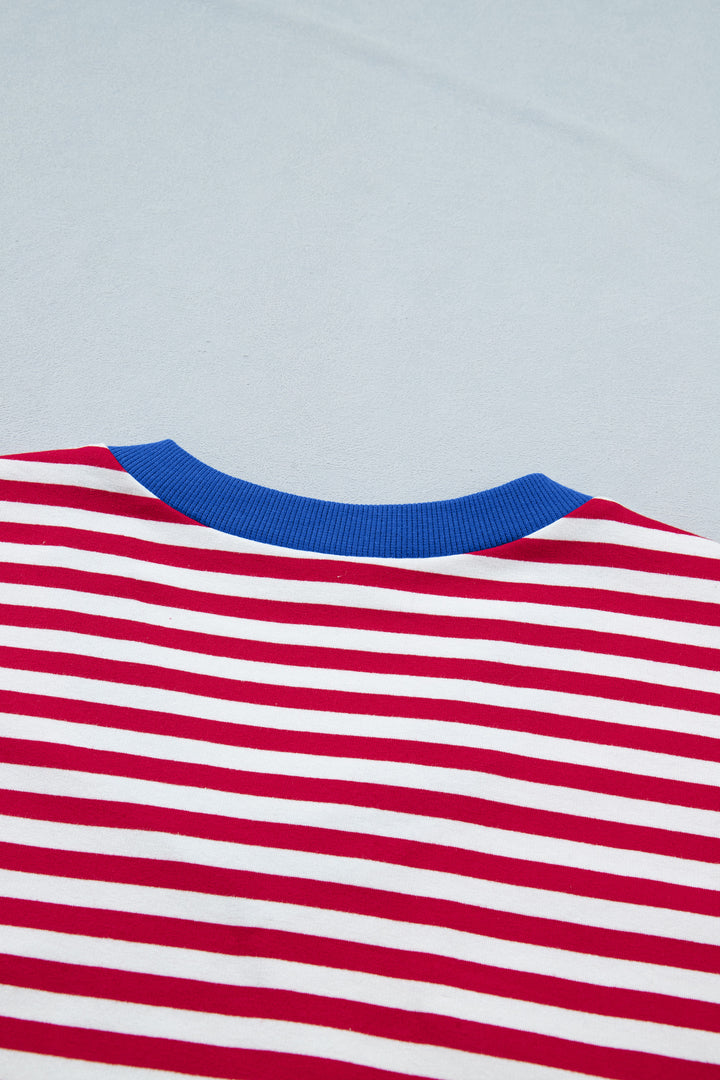 Red Stripe Colorblock Trim V Neck Tee Drawstring Elastic Waist Short Set