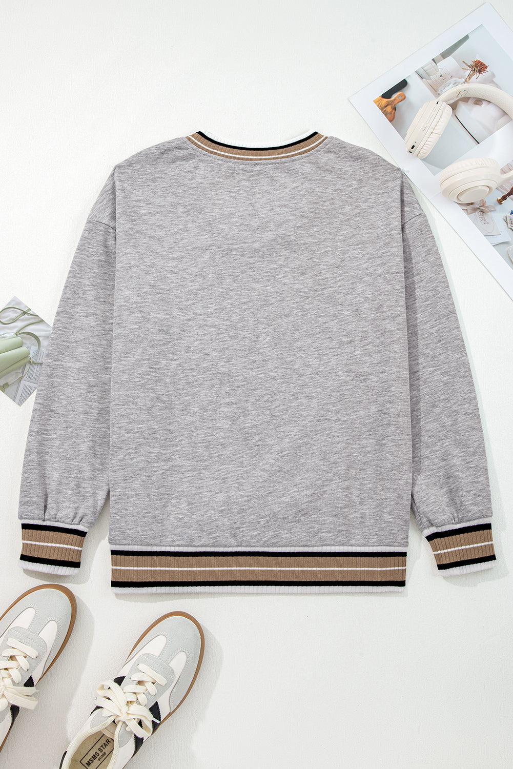Varsity Contrast Striped Trim V Neck Sweatshirt