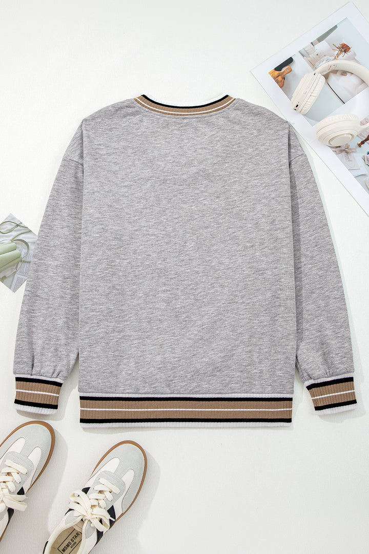 Varsity Contrast Striped Trim V Neck Sweatshirt