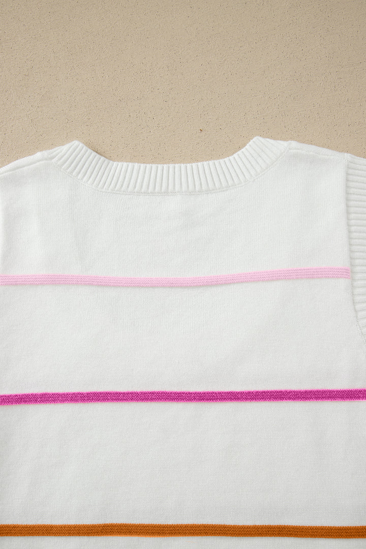 White Stripe Round Neck Knitted Sweater Tank