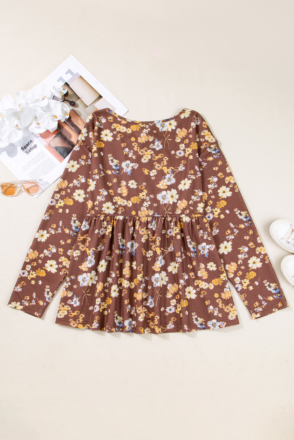 Khaki Floral Textured Tied Neck Long Sleeve Plus Size Babydoll Blouse