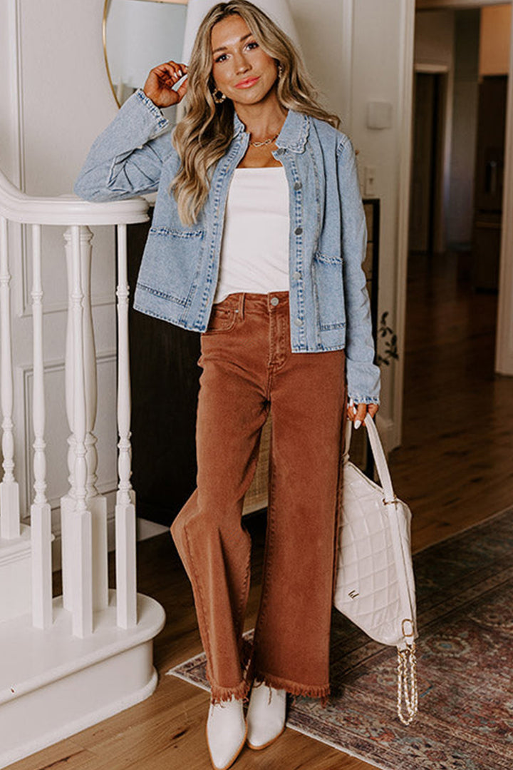 Scallop Trim Collar Patched Pocket Button Up Denim Jacket